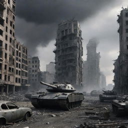 Imagining World War 4, a grim futurescape filled with advanced technology for warfare, steel-grey skies and tanks rolling through destroyed cities.