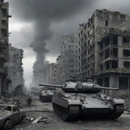 Imagining World War 4, a grim futurescape filled with advanced technology for warfare, steel-grey skies and tanks rolling through destroyed cities.