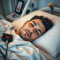 A gorgeous man with dark hair and mesmerizing blue eyes lies asleep in a hospital bed, his facial features relaxed and serene