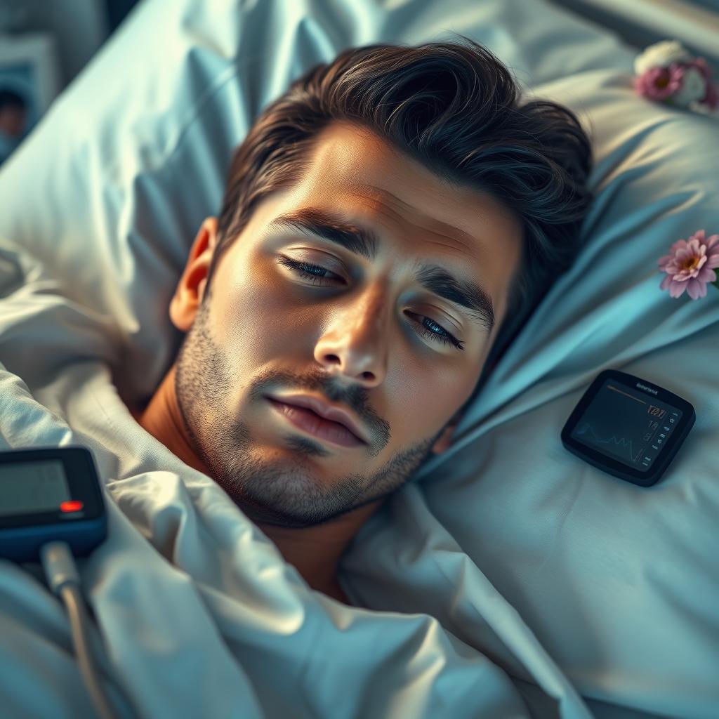 A gorgeous man with dark hair and mesmerizing blue eyes lies asleep in a hospital bed, his facial features relaxed and serene