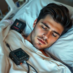 A gorgeous man with dark hair and mesmerizing blue eyes lies asleep in a hospital bed, his facial features relaxed and serene