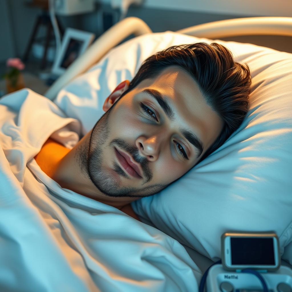 A gorgeous man with dark hair and mesmerizing blue eyes lies asleep in a hospital bed, his facial features relaxed and serene