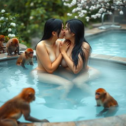 Two beautiful nude Japanese women in their mid-20s with long black hair and voluptuous, heavy breasts sit intimately in a serene thermal water pool in Japan