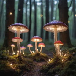 An enchanting fairy forest filled with luminescent mushrooms and twinkling fairy-lights draped on the trees. Tiny, whimsical fairies are flitting around, their iridescent wings scattering fragments of stardust.