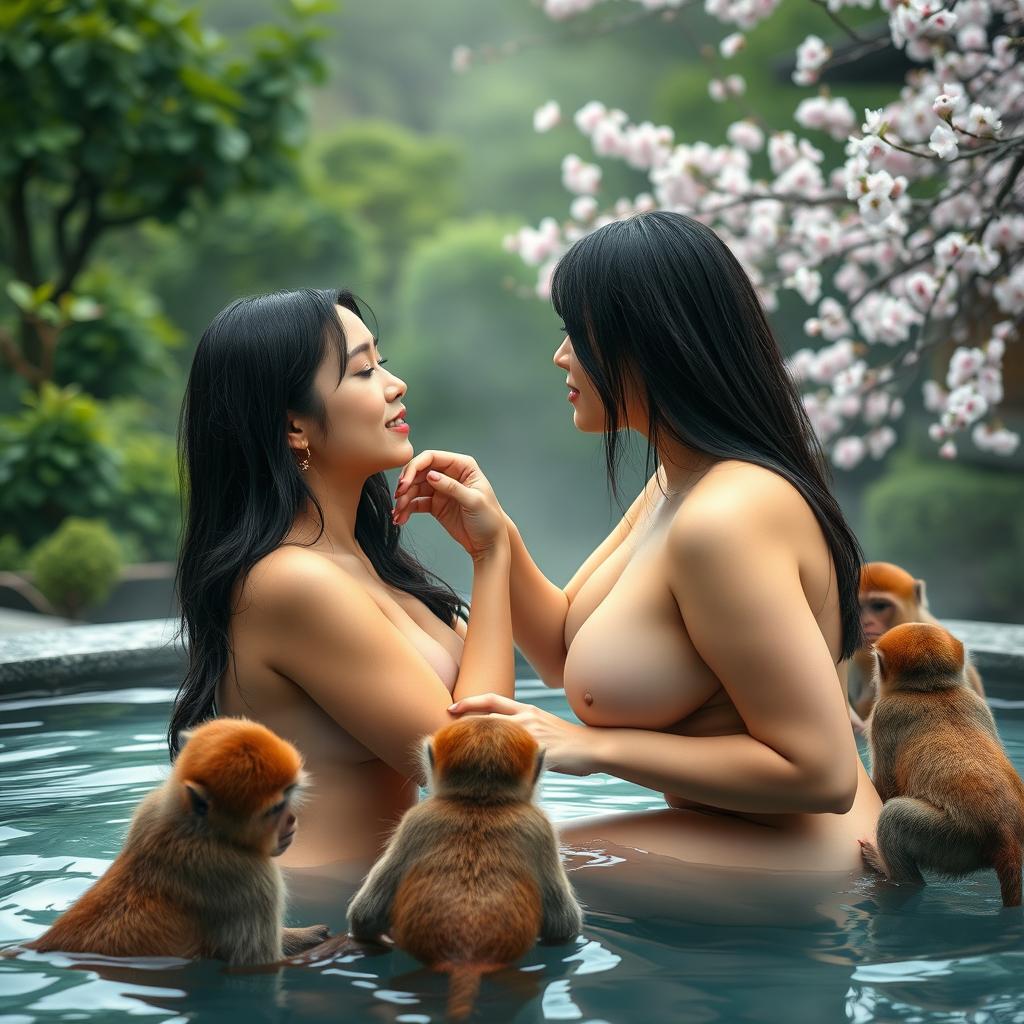 Two beautiful nude Japanese women in their mid-20s with long black hair and voluptuous, heavy breasts sit intimately in a serene thermal water pool in Japan