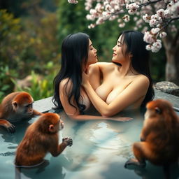 Two beautiful nude Japanese women in their mid-20s with long black hair and voluptuous, heavy breasts sit intimately in a serene thermal water pool in Japan