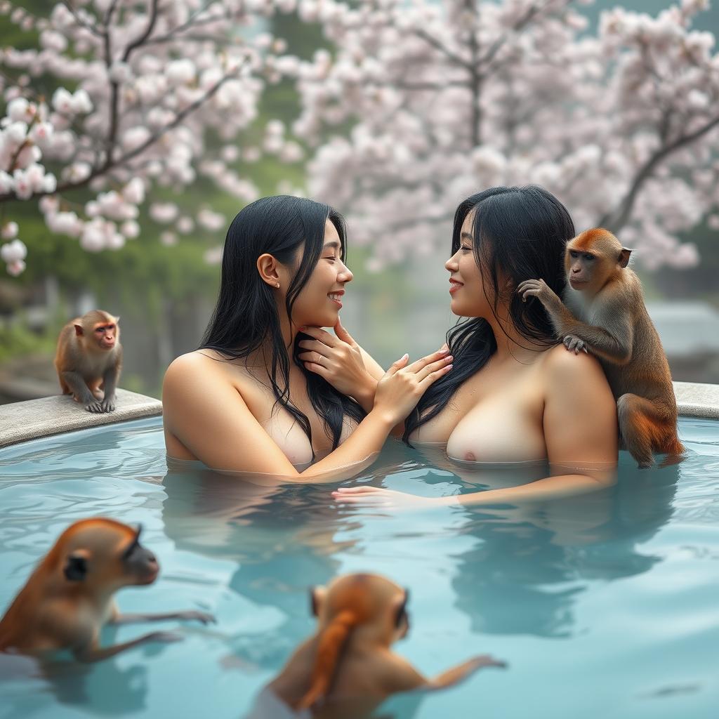 Two beautiful nude Japanese women in their mid-20s with long black hair and voluptuous, heavy breasts sit intimately in a serene thermal water pool in Japan