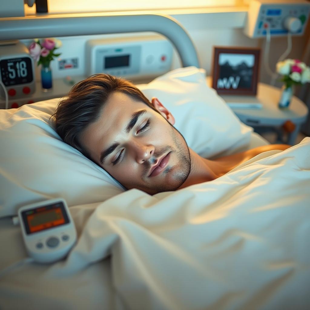 A gorgeous man with dark hair and striking blue eyes lies peacefully asleep in a hospital bed, his face relaxed and calm