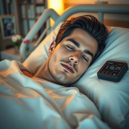 A gorgeous man with dark hair and striking blue eyes lies peacefully asleep in a hospital bed, his face relaxed and calm