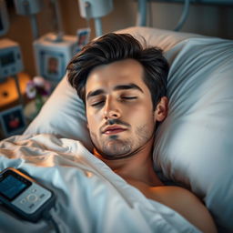 A gorgeous man with dark hair and striking blue eyes lies peacefully asleep in a hospital bed, his face relaxed and calm