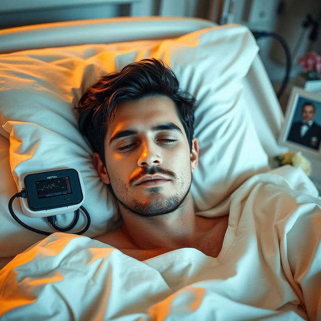 A gorgeous man with dark hair and striking blue eyes lies peacefully asleep in a hospital bed, his face relaxed and calm