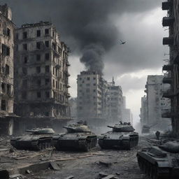 Imagining World War 4, a grim futurescape filled with advanced technology for warfare, steel-grey skies and tanks rolling through destroyed cities.