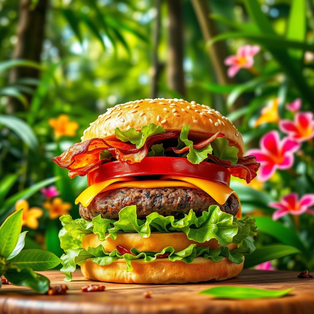 A vibrant image of a delicious burger featuring a thick, juicy beef patty topped with fresh lettuce, ripe tomato, crispy bacon, and a slice of melted cheese, all held together by a freshly baked, warm sesame seed bun