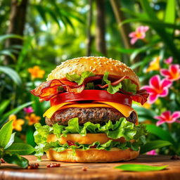 A vibrant image of a delicious burger featuring a thick, juicy beef patty topped with fresh lettuce, ripe tomato, crispy bacon, and a slice of melted cheese, all held together by a freshly baked, warm sesame seed bun