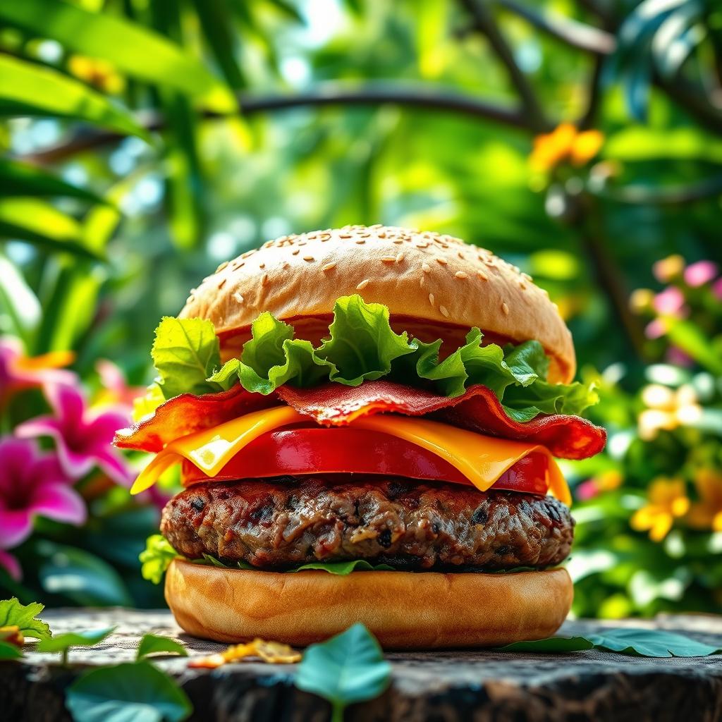 A vibrant image of a delicious burger featuring a thick, juicy beef patty topped with fresh lettuce, ripe tomato, crispy bacon, and a slice of melted cheese, all held together by a freshly baked, warm sesame seed bun