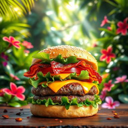 A vibrant image of a delicious burger featuring a thick, juicy beef patty topped with fresh lettuce, ripe tomato, crispy bacon, and a slice of melted cheese, all held together by a freshly baked, warm sesame seed bun