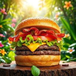 A vibrant image of a delicious burger featuring a thick, juicy beef patty topped with fresh lettuce, ripe tomato, crispy bacon, and a slice of melted cheese, all held together by a freshly baked, warm sesame seed bun