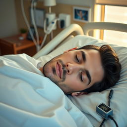 A gorgeous man with dark hair and enchanting blue eyes lies peacefully asleep in a hospital bed, his expression tranquil and relaxed