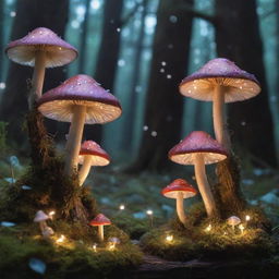 An enchanting fairy forest filled with luminescent mushrooms and twinkling fairy-lights draped on the trees. Tiny, whimsical fairies are flitting around, their iridescent wings scattering fragments of stardust.