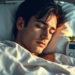 A gorgeous man with dark hair and enchanting blue eyes lies peacefully asleep in a hospital bed, his expression tranquil and relaxed