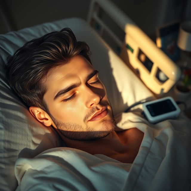 A gorgeous man with dark hair and enchanting blue eyes lies peacefully asleep in a hospital bed, his expression tranquil and relaxed