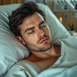 A gorgeous man with dark hair and enchanting blue eyes lies peacefully asleep in a hospital bed, his expression tranquil and relaxed