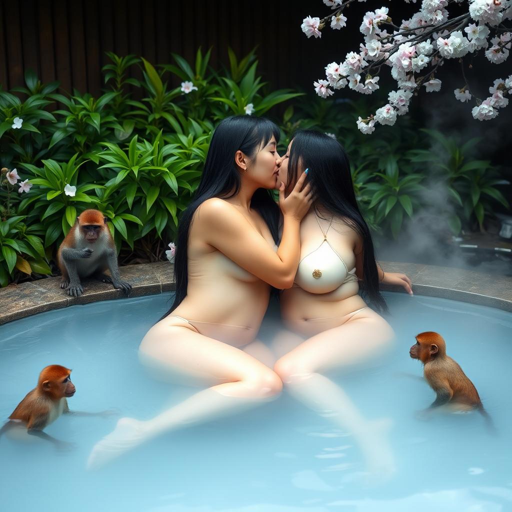 Two beautiful nude Japanese women in their mid-20s with long black hair and voluptuous, heavy breasts sit intimately in a tranquil thermal water pool in Japan