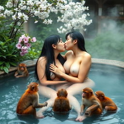 Two beautiful nude Japanese women in their mid-20s with long black hair and voluptuous, heavy breasts sit intimately in a tranquil thermal water pool in Japan