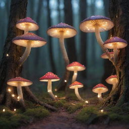 An enchanting fairy forest filled with luminescent mushrooms and twinkling fairy-lights draped on the trees. Tiny, whimsical fairies are flitting around, their iridescent wings scattering fragments of stardust.