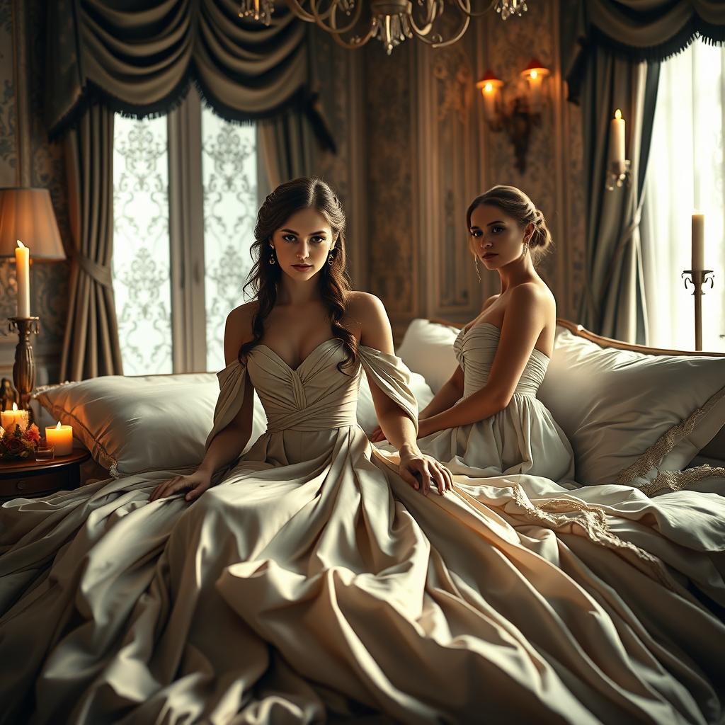 A highly artistic and sensual composition featuring two female figures in a beautifully lit room