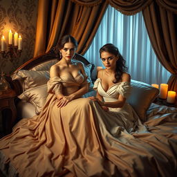 A highly artistic and sensual composition featuring two female figures in a beautifully lit room