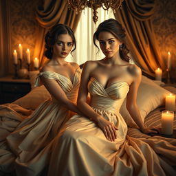 A highly artistic and sensual composition featuring two female figures in a beautifully lit room