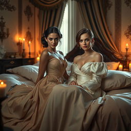 A highly artistic and sensual composition featuring two female figures in a beautifully lit room