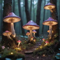 An enchanting fairy forest filled with luminescent mushrooms and twinkling fairy-lights draped on the trees. Tiny, whimsical fairies are flitting around, their iridescent wings scattering fragments of stardust.