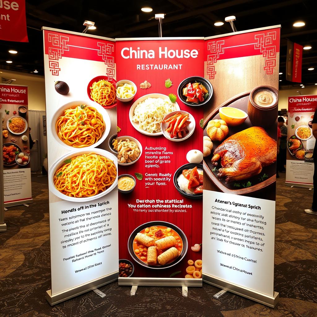 A captivating trade show pull-up display for China House Restaurant, showcasing an array of authentic Chinese dishes