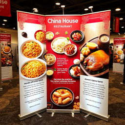 A captivating trade show pull-up display for China House Restaurant, showcasing an array of authentic Chinese dishes