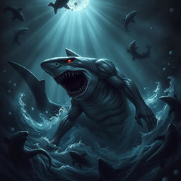 A menacing wereshark emerging from the dark depths of a mysterious ocean, with razor-sharp teeth glistening and eerie glowing eyes