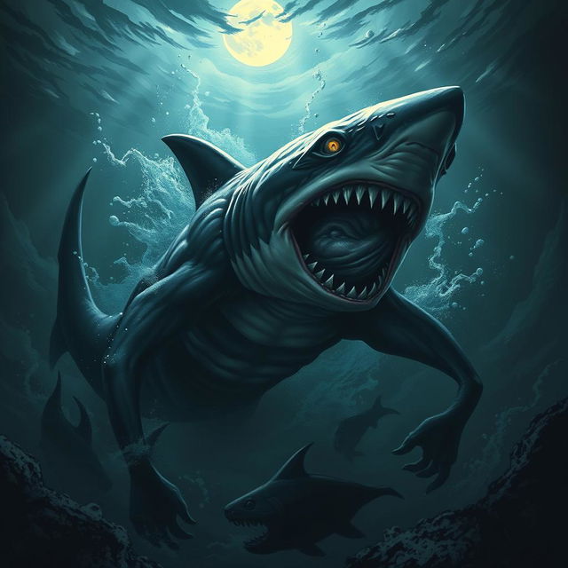 A menacing wereshark emerging from the dark depths of a mysterious ocean, with razor-sharp teeth glistening and eerie glowing eyes