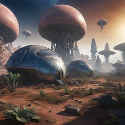 An alien habitat on a distant planet, featuring high-tech dwellings, strange fauna and flora, and mystic energy sources.