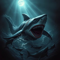 A menacing wereshark emerging from the dark depths of a mysterious ocean, with razor-sharp teeth glistening and eerie glowing eyes