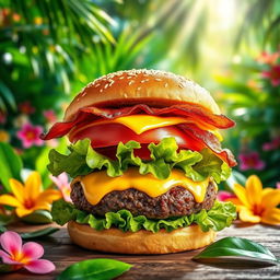 A vibrant image of a mouthwatering burger featuring a juicy beef patty, topped with layers of fresh lettuce, ripe tomato, crispy bacon, and melted cheese, all sandwiched between a lightly toasted sesame seed bun