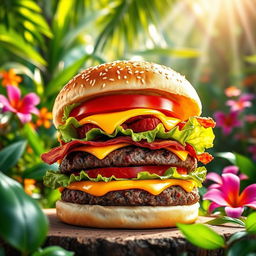 A vibrant image of a mouthwatering burger featuring a juicy beef patty, topped with layers of fresh lettuce, ripe tomato, crispy bacon, and melted cheese, all sandwiched between a lightly toasted sesame seed bun