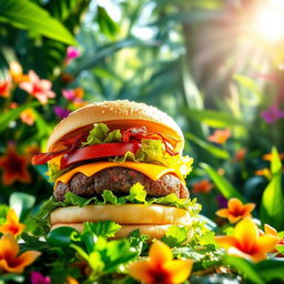 A vibrant image of a mouthwatering burger featuring a juicy beef patty, topped with layers of fresh lettuce, ripe tomato, crispy bacon, and melted cheese, all sandwiched between a lightly toasted sesame seed bun