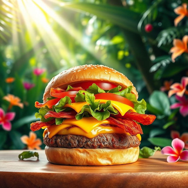 A vibrant image of a mouthwatering burger featuring a juicy beef patty, topped with layers of fresh lettuce, ripe tomato, crispy bacon, and melted cheese, all sandwiched between a lightly toasted sesame seed bun