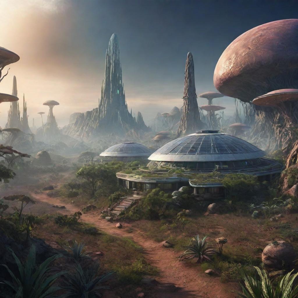 An alien habitat on a distant planet, featuring high-tech dwellings, strange fauna and flora, and mystic energy sources.