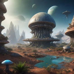 An alien habitat on a distant planet, featuring high-tech dwellings, strange fauna and flora, and mystic energy sources.