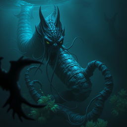 An evil and sinister Aboleth lurking in dark, murky waters, with its elongated, serpentine body surrounded by eerie bioluminescent algae