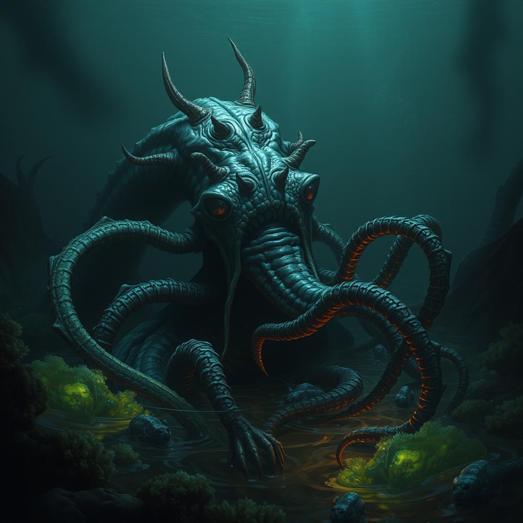 An evil and sinister Aboleth lurking in dark, murky waters, with its elongated, serpentine body surrounded by eerie bioluminescent algae