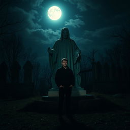 A chilling night scene featuring a man standing in front of a haunting statue under a moonlit sky