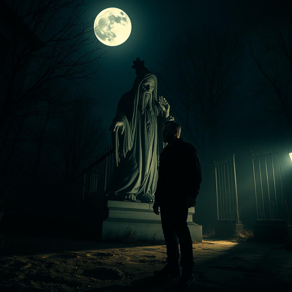 A chilling night scene featuring a man standing in front of a haunting statue under a moonlit sky